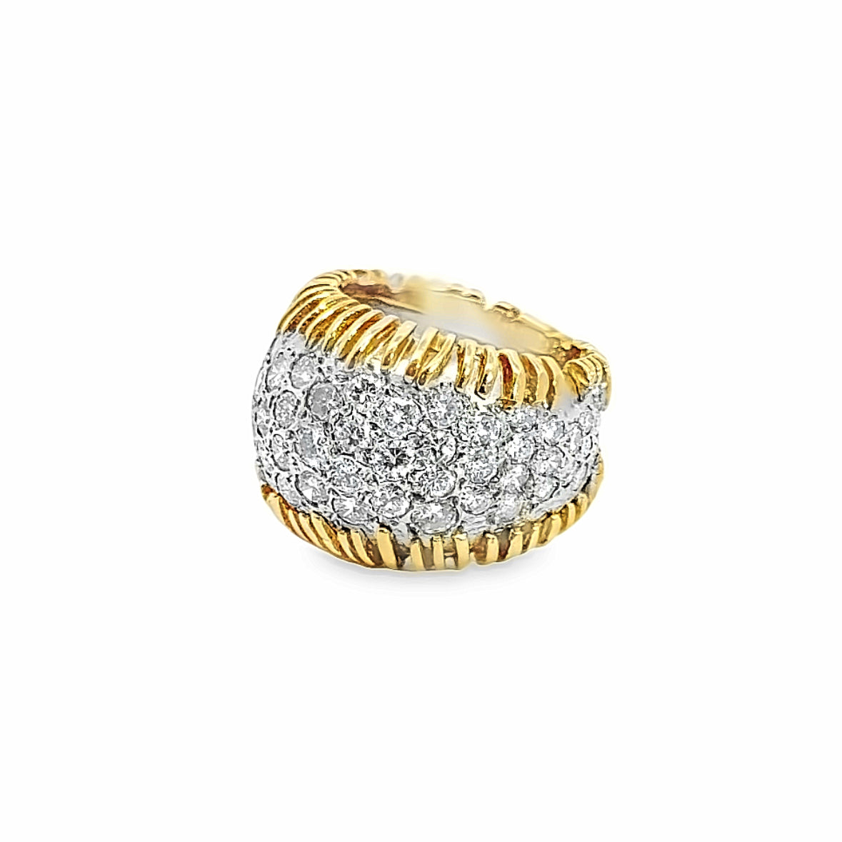 18K Yellow Gold Stitch Detail & Pave-Set Sparkly Wide Diamond Band Ring