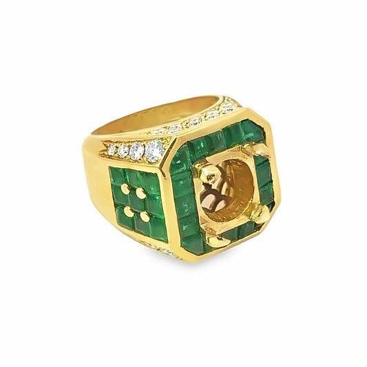 Customizable Stunning 18K Yellow Gold Signet Emerald and Diamond Accent Ring with Prong Mounting