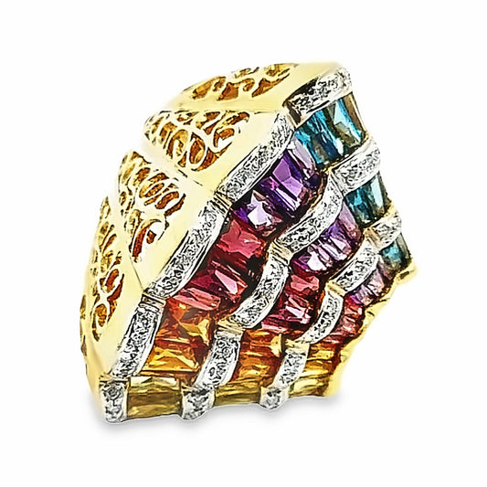 18K Radiant Multi-colored Tourmaline and Diamond Ring