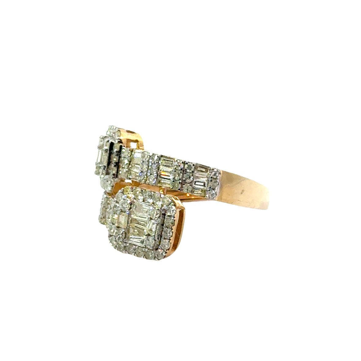 14K Yellow Gold Halo Baguette & Round Diamond Bypass Ring