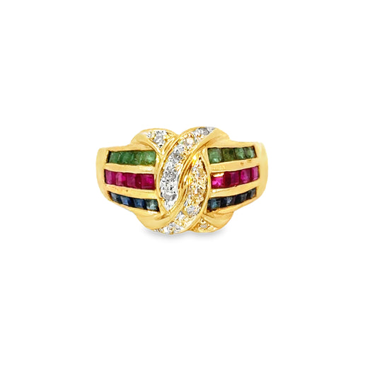 14K Yellow Gold Multi-Color Gemstone & Diamond Crossover Ring