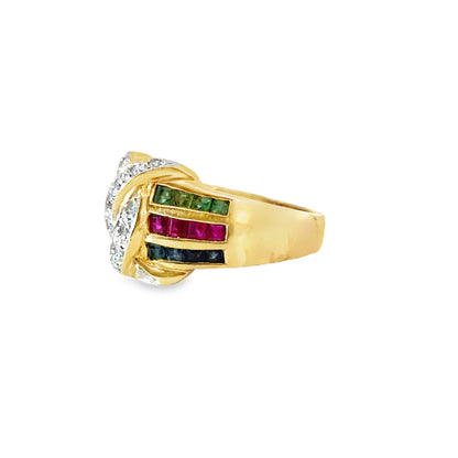 14K Yellow Gold Multi-Color Gemstone & Diamond Crossover Ring