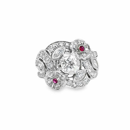 Edwardian Style Platinum Diamond & Ruby Cocktail Ring