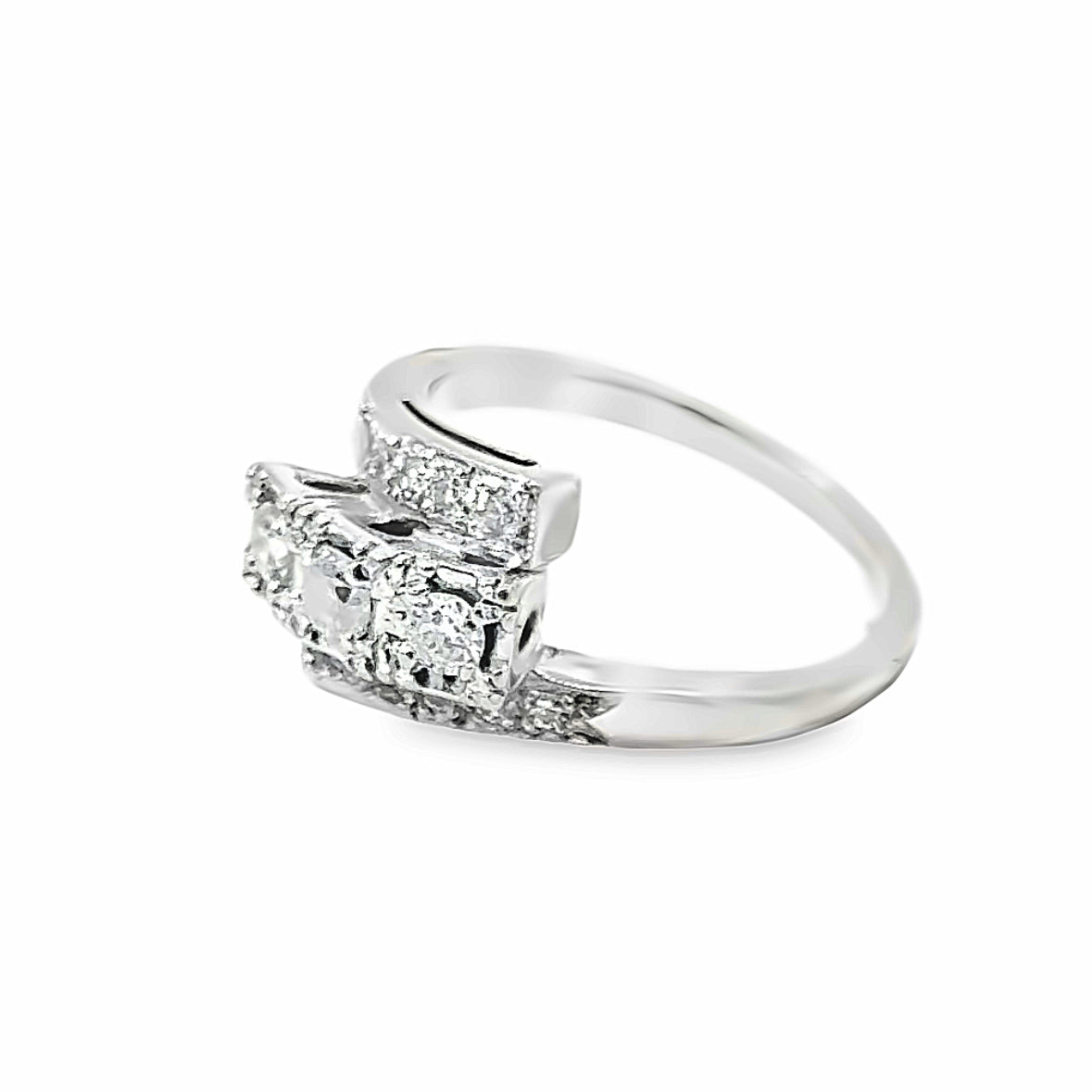 14K White Gold & Diamond Art Deco Bypass Ring