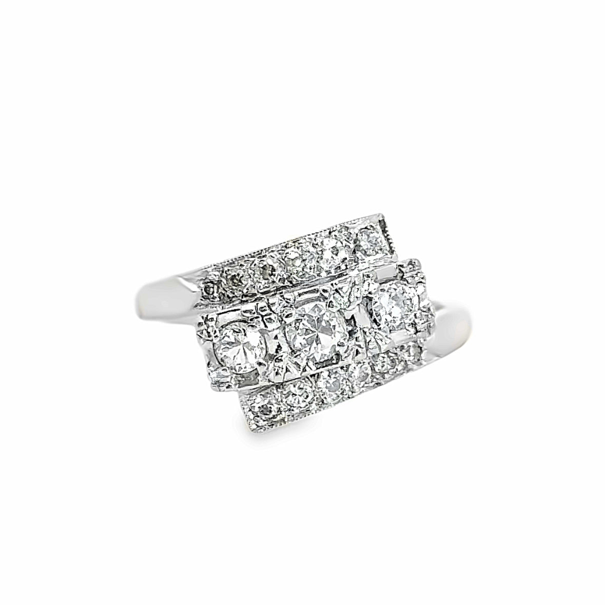 14K White Gold & Diamond Art Deco Bypass Ring