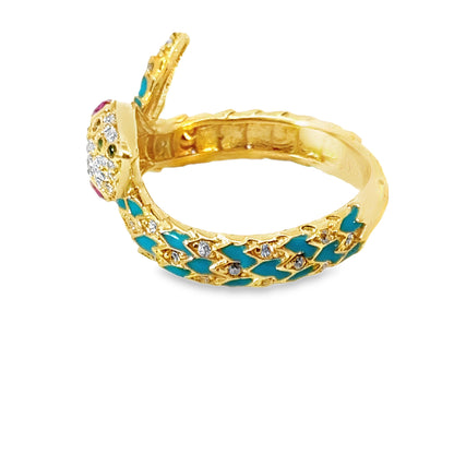 Exotic 21K Yellow Gold Enamel & Multi-Stone Serpent Ring