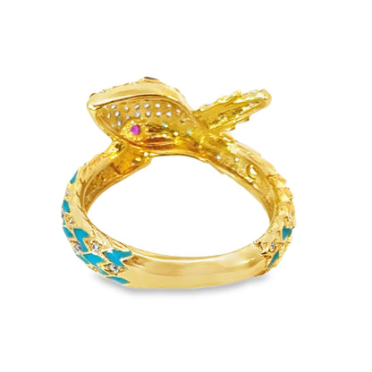 Exotic 21K Yellow Gold Enamel & Multi-Stone Serpent Ring