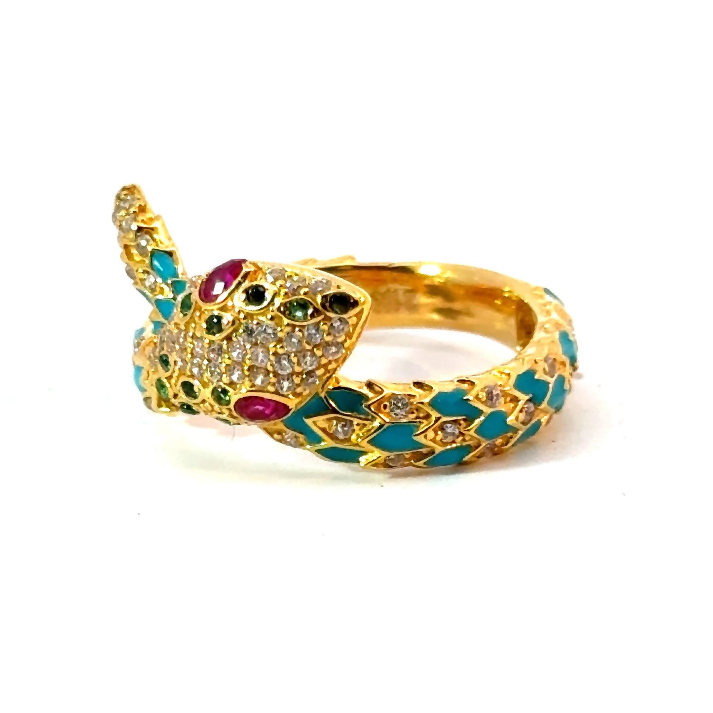 Exotic 21K Yellow Gold Enamel & Multi-Stone Serpent Ring