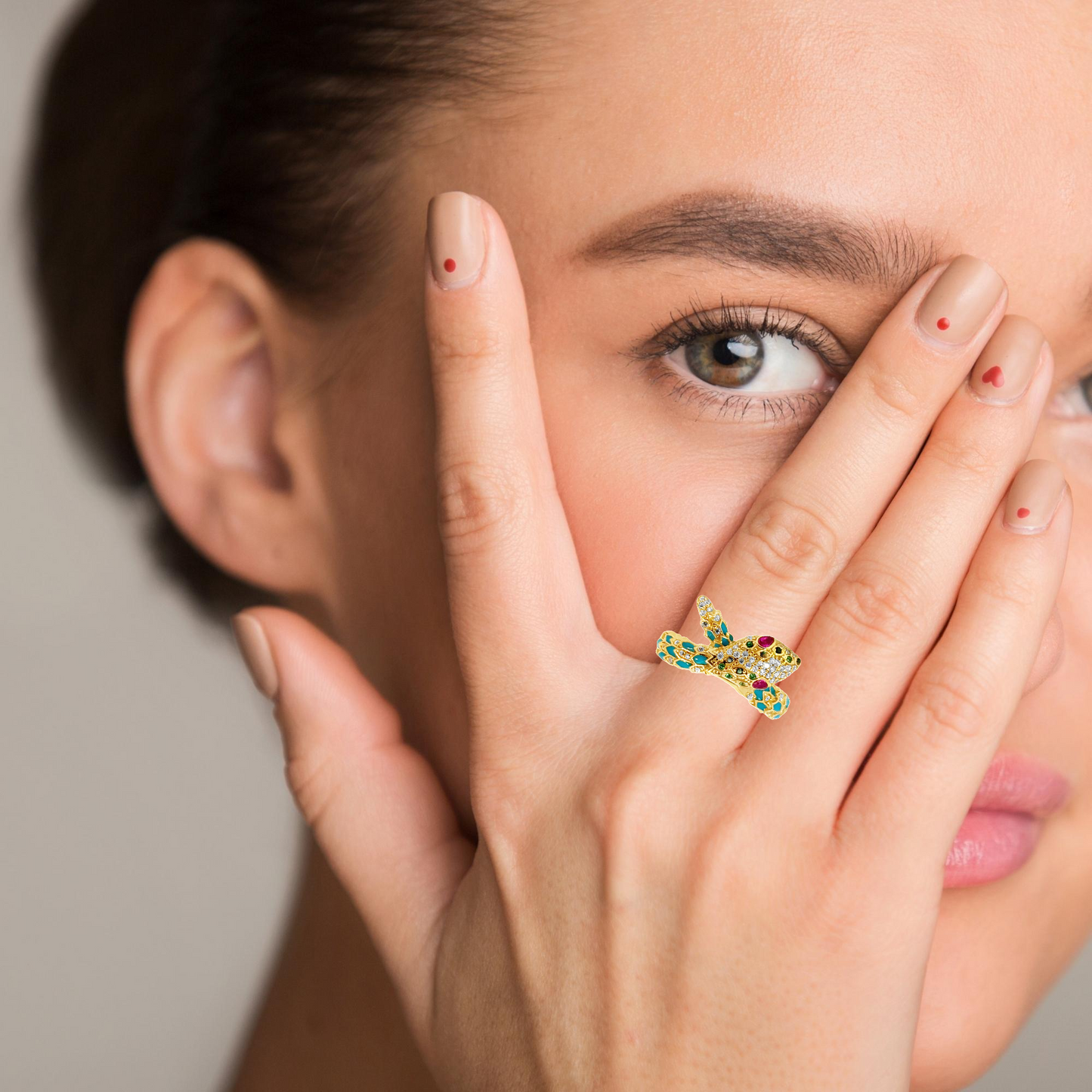 Exotic 21K Yellow Gold Enamel & Multi-Stone Serpent Ring