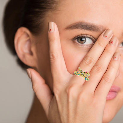 Exotic 21K Yellow Gold Enamel & Multi-Stone Serpent Ring