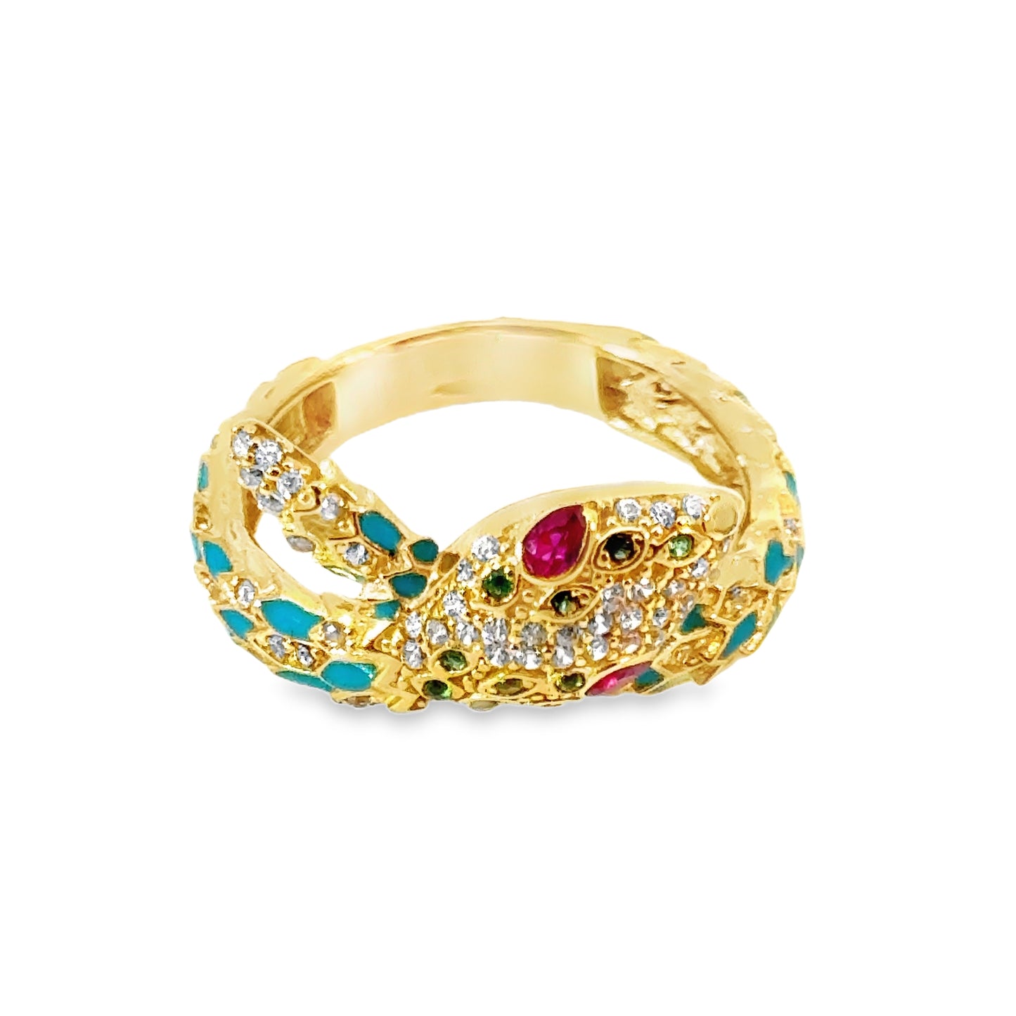 Exotic 21K Yellow Gold Enamel & Multi-Stone Serpent Ring