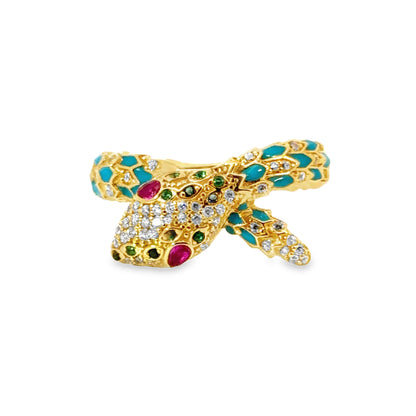 Exotic 21K Yellow Gold Enamel & Multi-Stone Serpent Ring