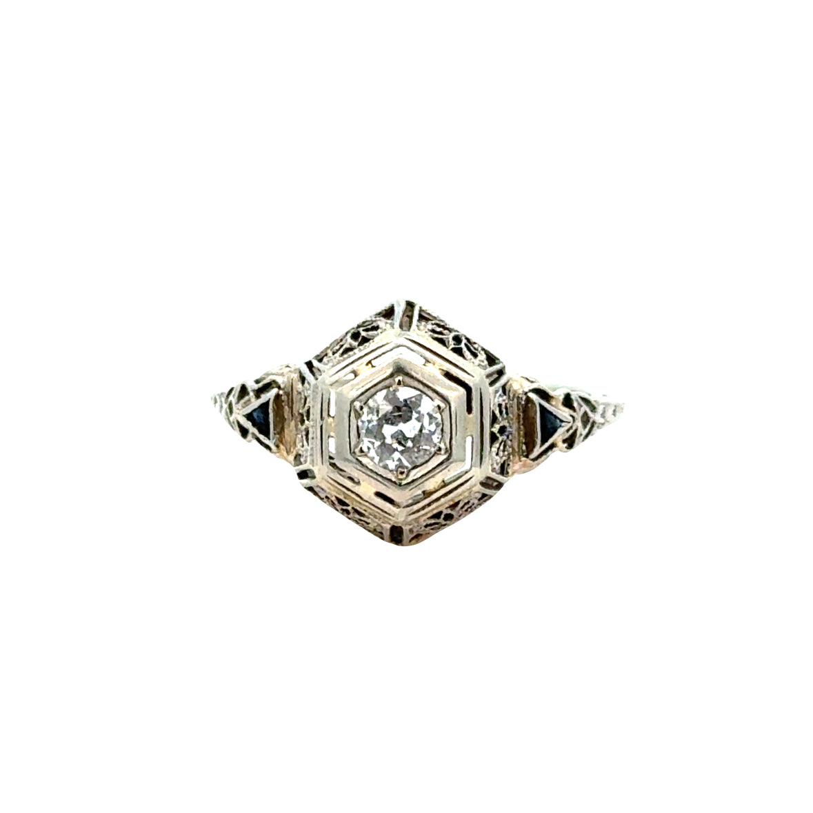 Antique Filigree Art Deco Diamond & Sapphire Ring in 18K White Gold