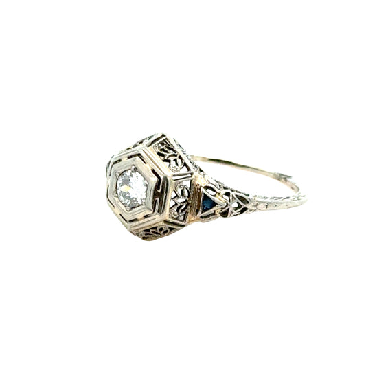 Antique Filigree Art Deco Diamond & Sapphire Ring in 18K White Gold