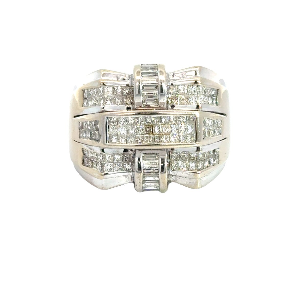 14K White Gold Three-Row Diamond Men’s Ring