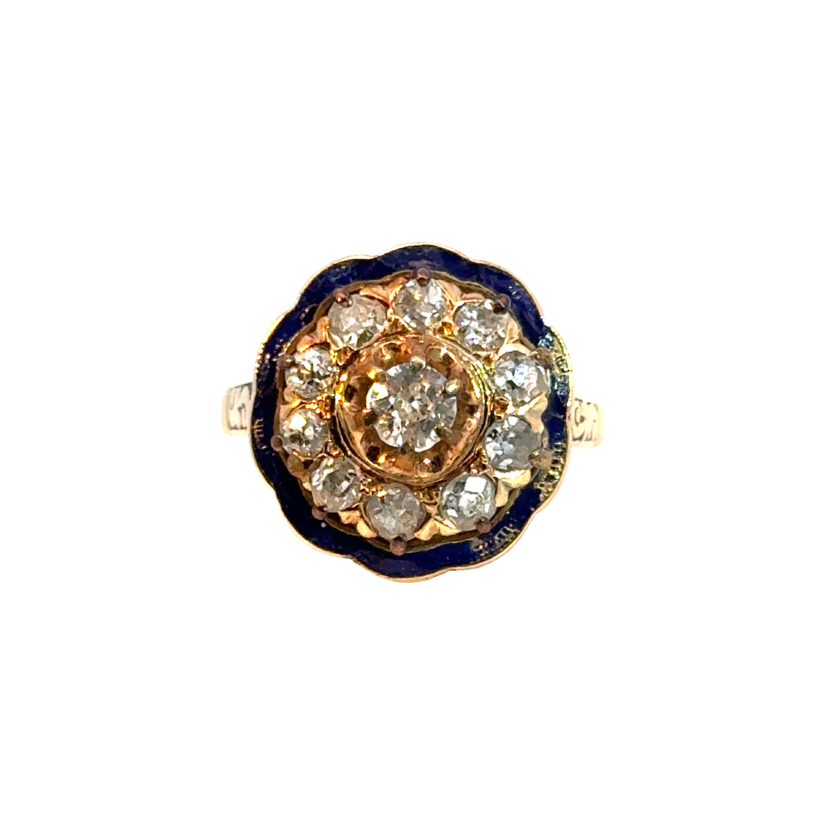 Antique Victorian 14K Yellow Gold Diamond & Enamel Cluster Ring
