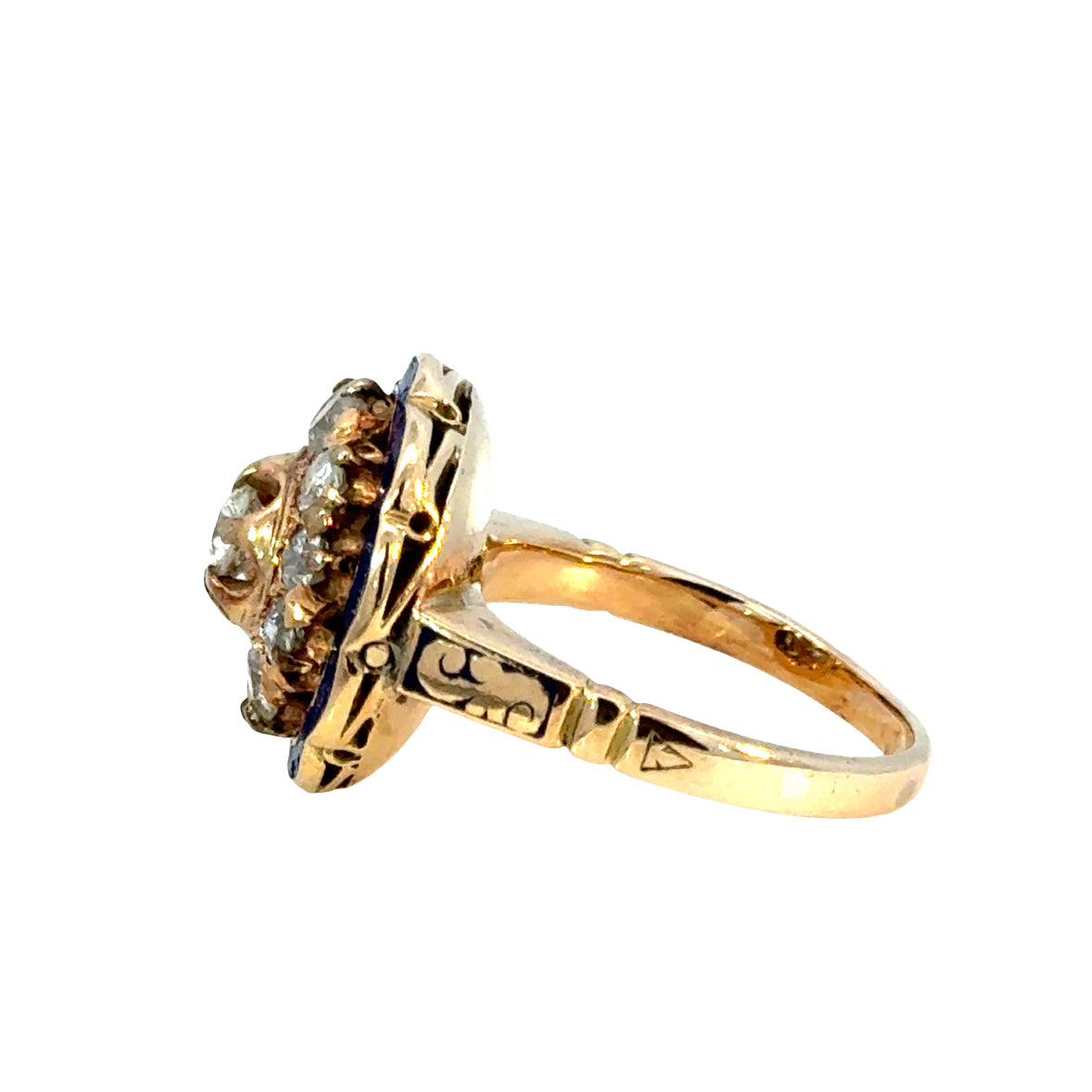 Antique Victorian 14K Yellow Gold Diamond & Enamel Cluster Ring