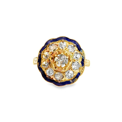 Antique Victorian 14K Yellow Gold Diamond & Enamel Cluster Ring