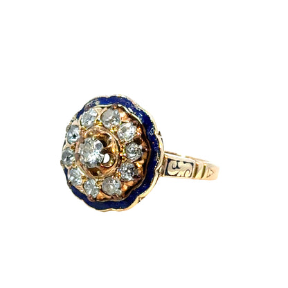 Antique Victorian 14K Yellow Gold Diamond & Enamel Cluster Ring