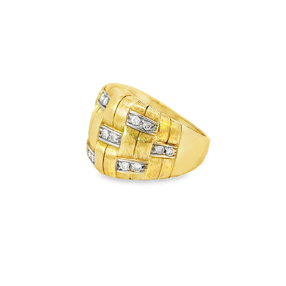 18K Yellow Gold Diamond Ribbon-Texture Wide Band Ring