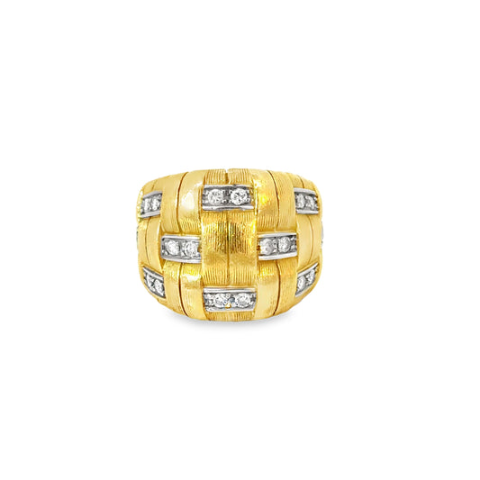 18K Yellow Gold Diamond Ribbon-Texture Wide Band Ring