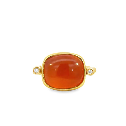18K Gold Bezel-Set Orange Chalcedony Ring with Side Diamonds