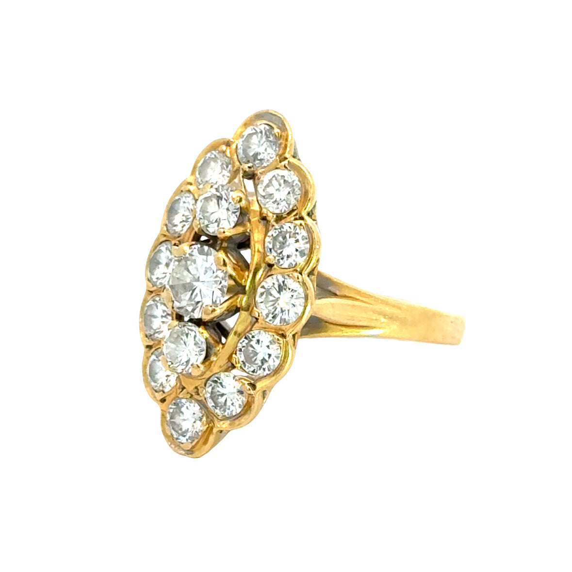 Vintage 18K Yellow Gold Marquise-Shaped Diamond Cluster Ring