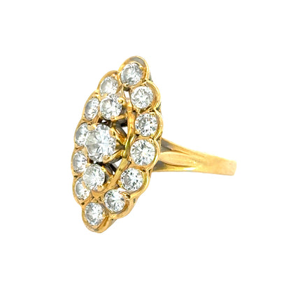 Vintage 18K Yellow Gold Marquise-Shaped Diamond Cluster Ring