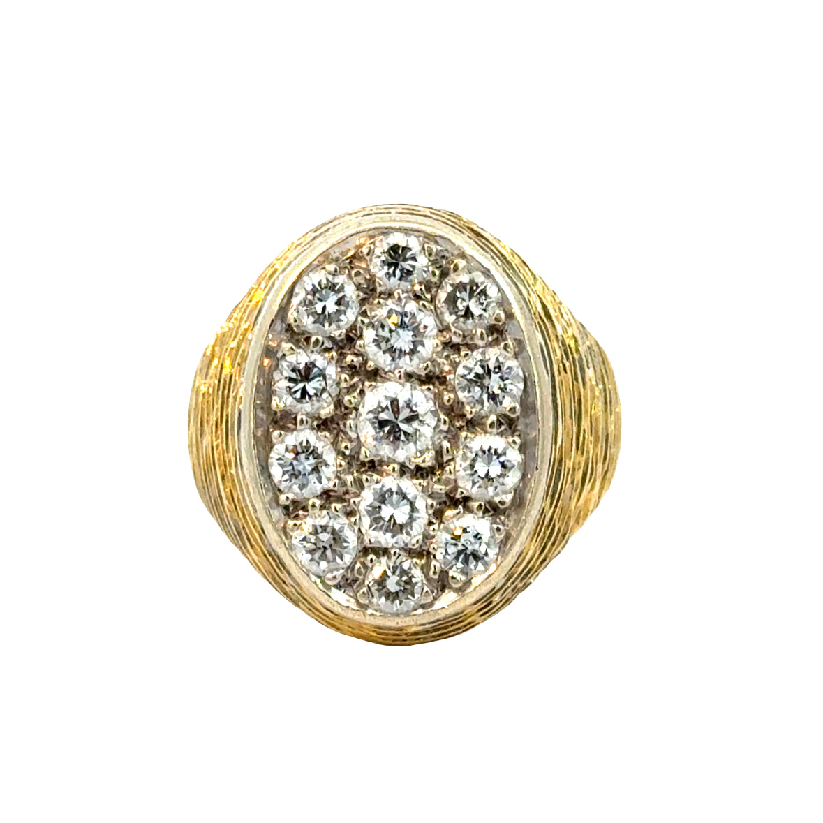 18K Yellow Gold Diamond Cluster Ring, 13 Round Diamonds, Ribbed Textured Band