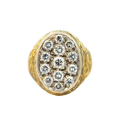 18K Yellow Gold Diamond Cluster Ring, 13 Round Diamonds, Ribbed Textured Band