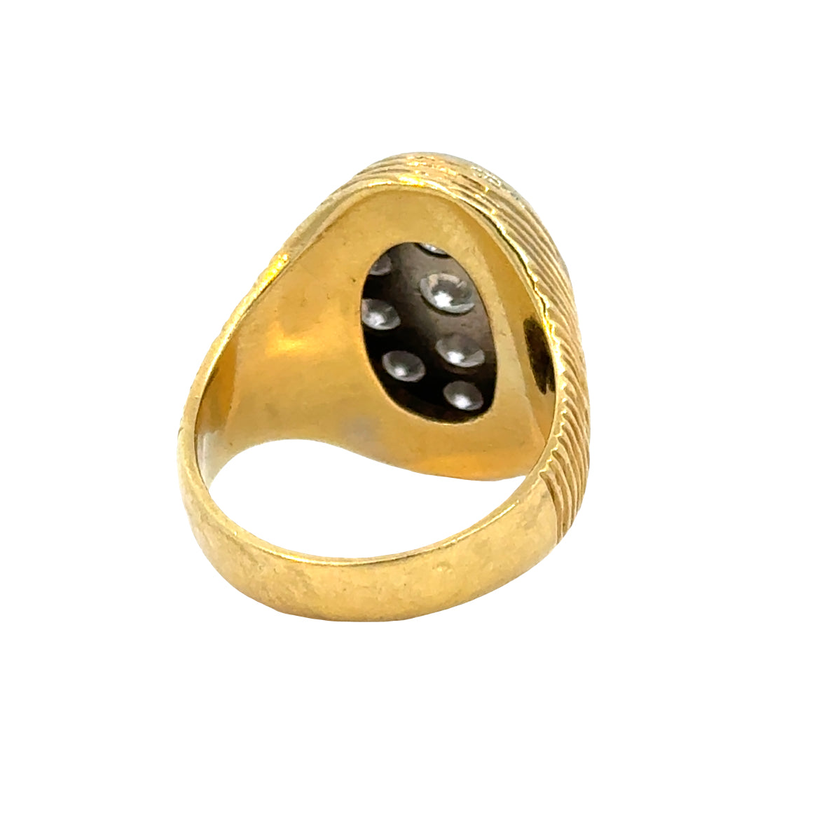 18K Yellow Gold Diamond Cluster Ring, 13 Round Diamonds, Ribbed Textured Band