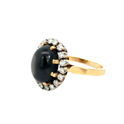 Vintage Hematite & Diamond Halo Ring in 18K Yellow Gold