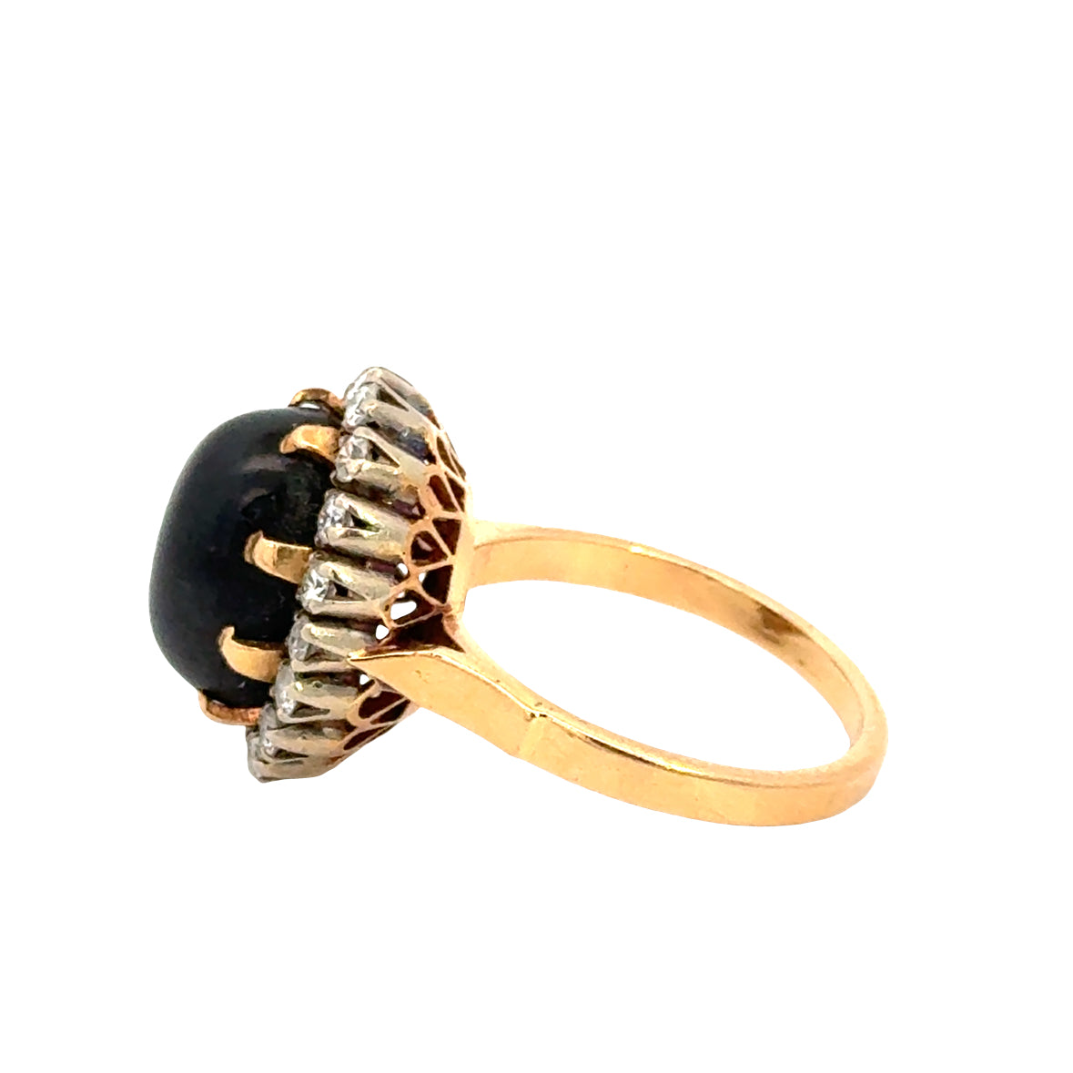 Vintage Hematite & Diamond Halo Ring in 18K Yellow Gold