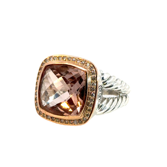 David Yurman 18K Rose Gold/Silver Albion Collection Ring with Morganite and Diamonds