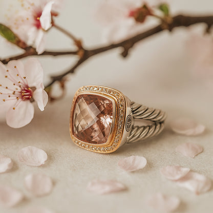 David Yurman 18K Rose Gold/Silver Albion Collection Ring with Morganite and Diamonds