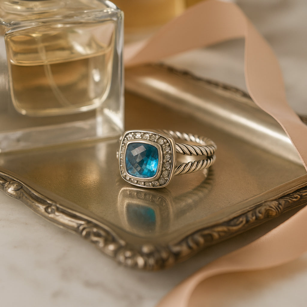 David Yurman Sterling Silver Albion Blue Topaz & Diamond Ring