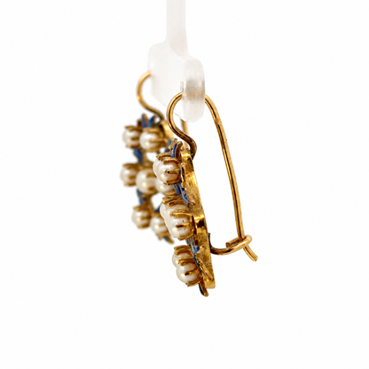Antique 14K Yellow Gold Blue Enamel Tulip & Pearl Earrings