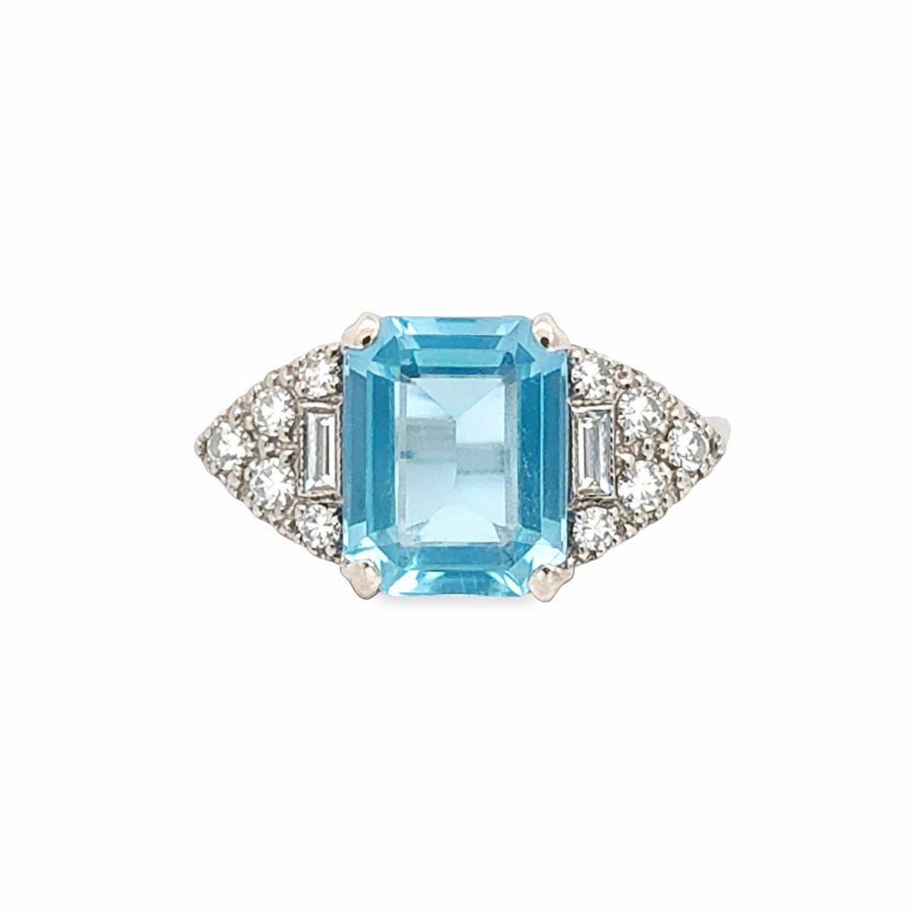 Elegant Aquamarine and Diamond Ring in 14K White Gold, Emerald Cut Center