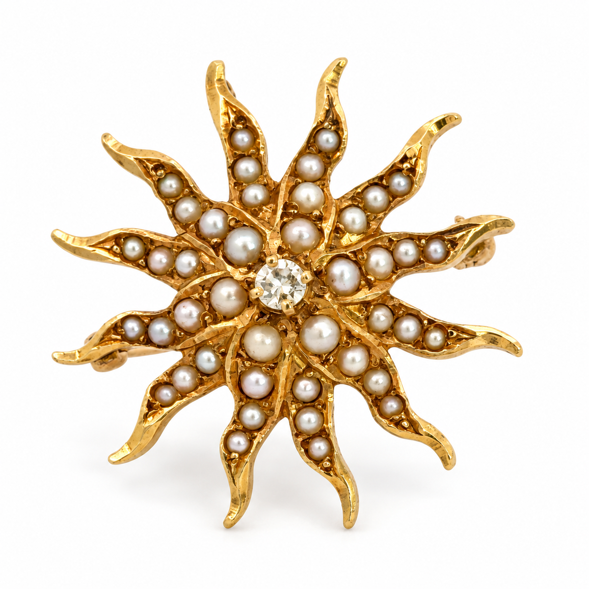 Antique Victorian 14K Yellow Gold Seed Pearl & Diamond Sunburst Convertible Pendant/Brooch