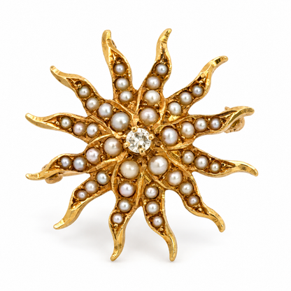 Antique Victorian 14K Yellow Gold Seed Pearl & Diamond Sunburst Convertible Pendant/Brooch