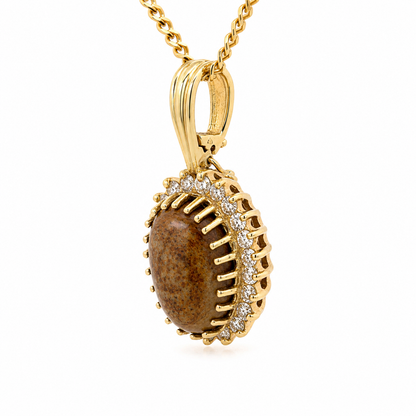 14K Gold Oval Coral Cabochon Diamond Halo Pendant