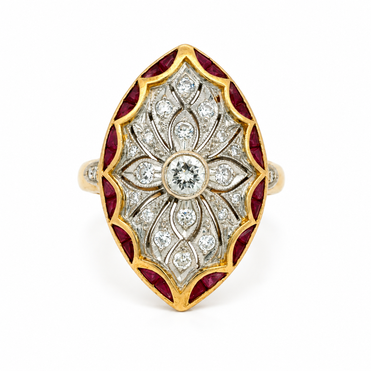 Vintage Art Deco–Style 14K Yellow Gold Ruby & Diamond Navette Ring