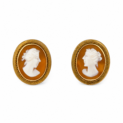 Vintage 14K Oval Cameo Earrings with Rope Border
