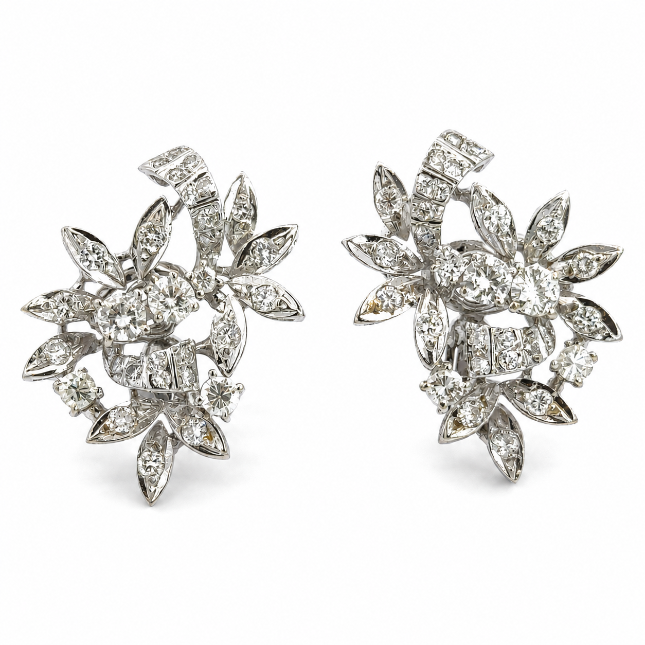 18K White Gold Diamond Floral Spray Earrings