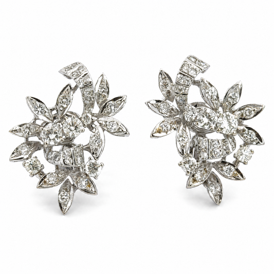 18K White Gold Diamond Floral Spray Earrings
