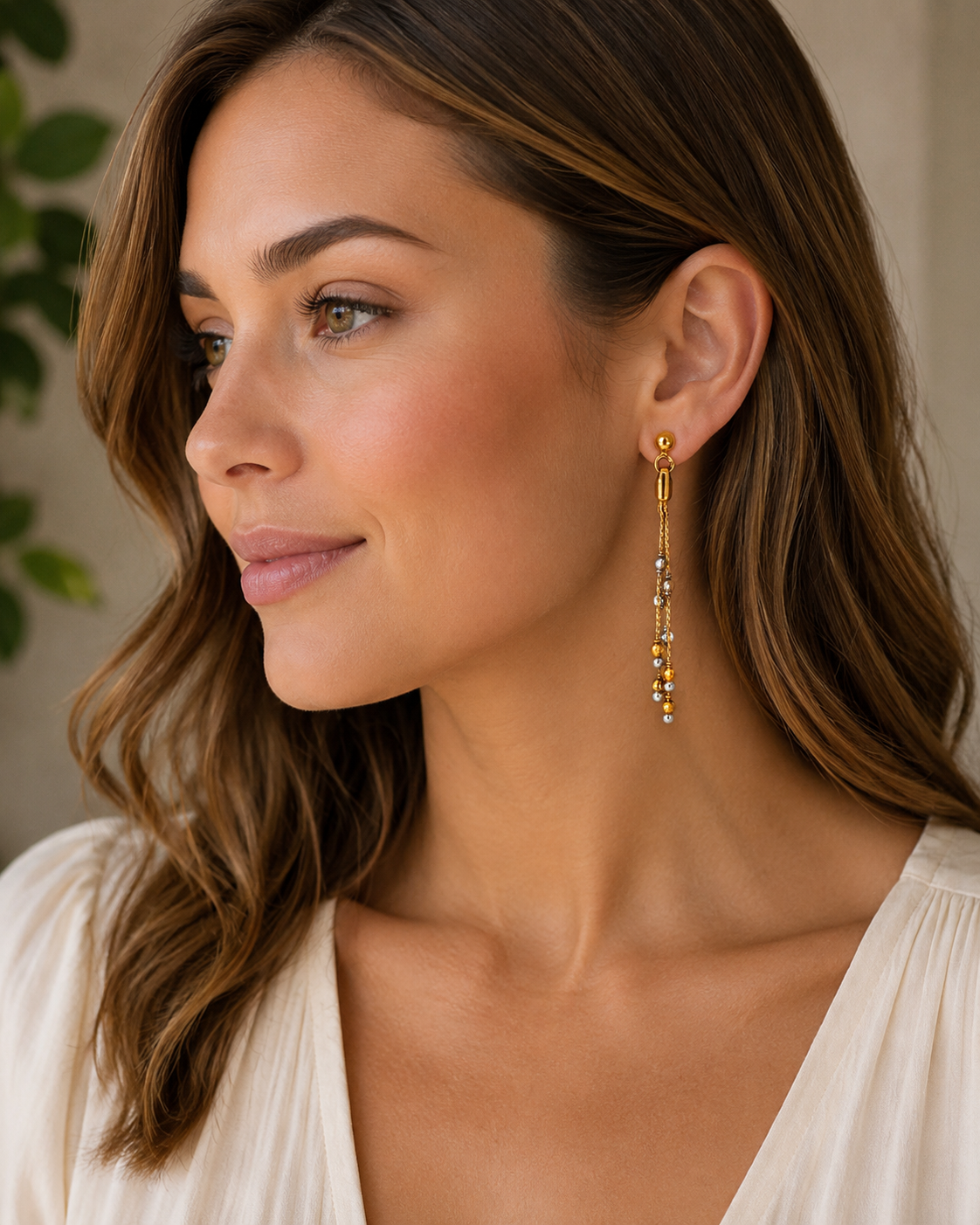 Vintage 18K Gold Dangle Earrings | Two-Tone Bead Tassel Design