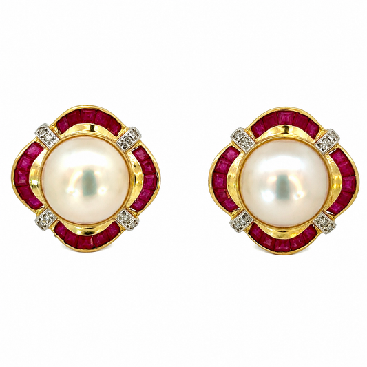 14K Yellow Gold Scalloped Ruby Mother of Pearl Diamond Earrings