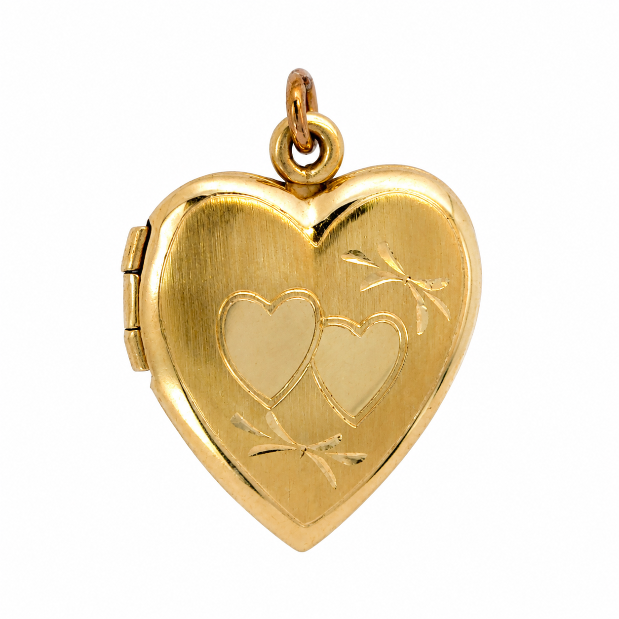 14K Yellow Gold Heart Locket Pendant Engraved Double Hearts