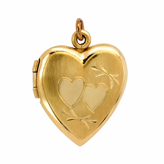 14K Yellow Gold Heart Locket Pendant Engraved Double Hearts