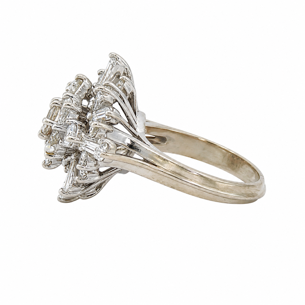Vintage 14K White Gold Diamond Statement Ring Round & Baguette Diamonds